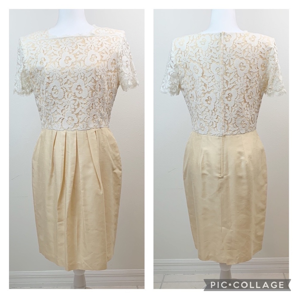 Vintage Lanz of Salisbury square neck lace & linen fitted wiggle dress EUC